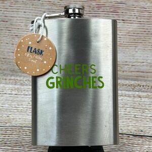 Made For Retail Cheers Grinches Stainless Steel 8oz Hip Flask Silver Green NEW